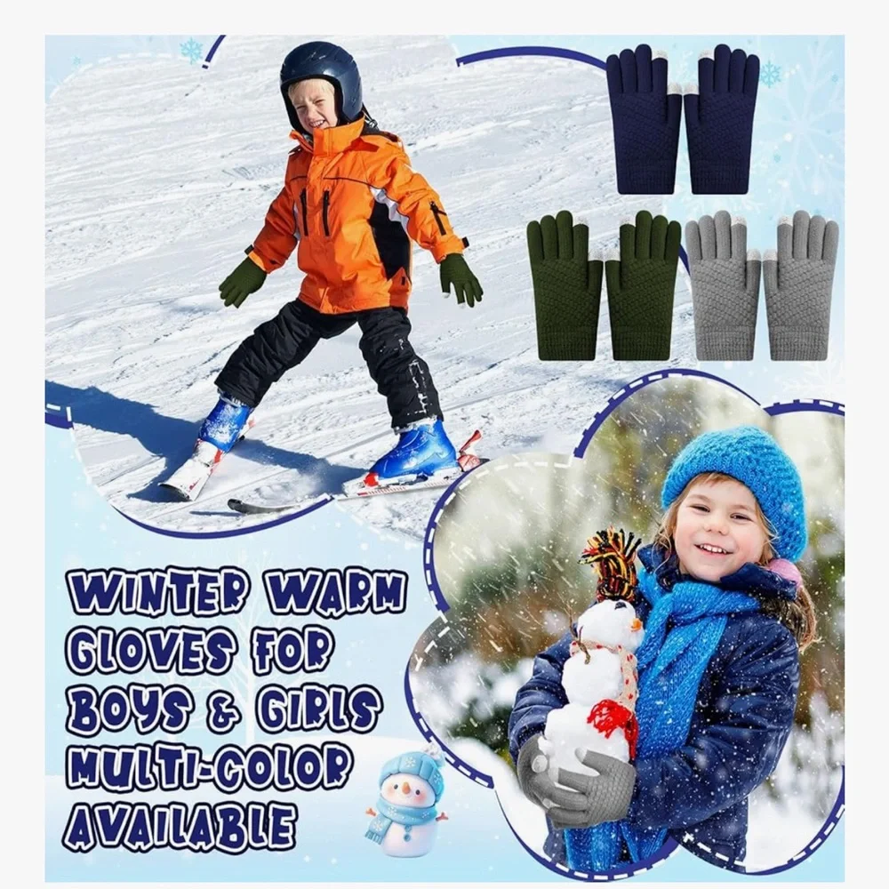 🆕 3 Pairs Winter Kids Thermal Fleece Lined Gloves for Cold Weather Boys Girls